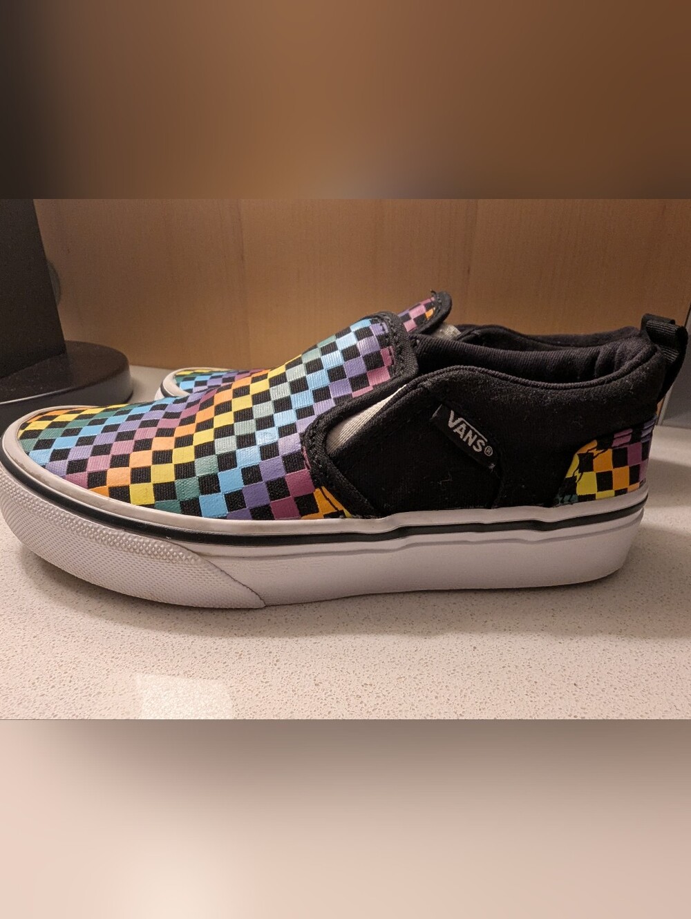 VANS Asher Slip On Shoe Rainbow Mini Check Canvas Sneakers Kids Size 13 Like New - Picture 9 of 12